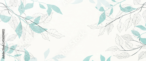 Abstract art background with leaves in line style with watercolor elements. Botanical banner with tree branches for wallpaper design, invitations, print, decor
