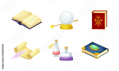 Magical Object and Witchcraft Equipment with Crystal Ball, Spellbook and Jar with Potion Vector Set