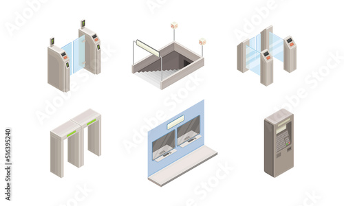 Metro or Subway as Rapid Transit Urban System with Electric Railway, Ticket Barrier and Staircase Isometric Vector Set