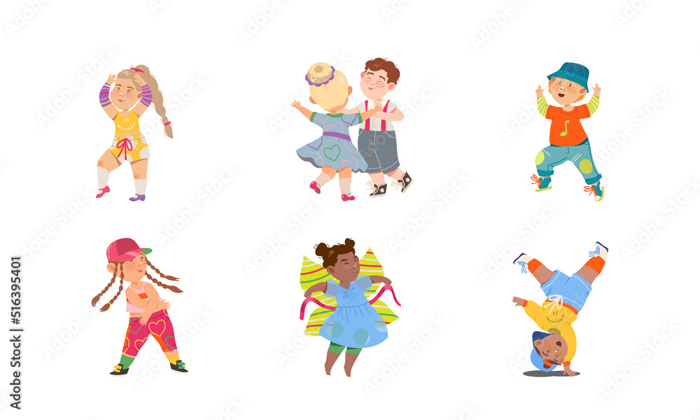 Funny Boy and Girl Dancing and Moving to Music Vector Illustration Set