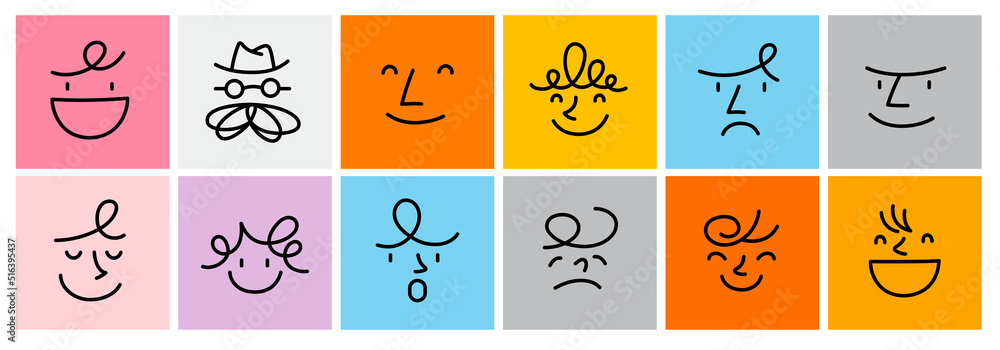 Square abstract comic Faces with various Emotions. Crayon drawing style ...
