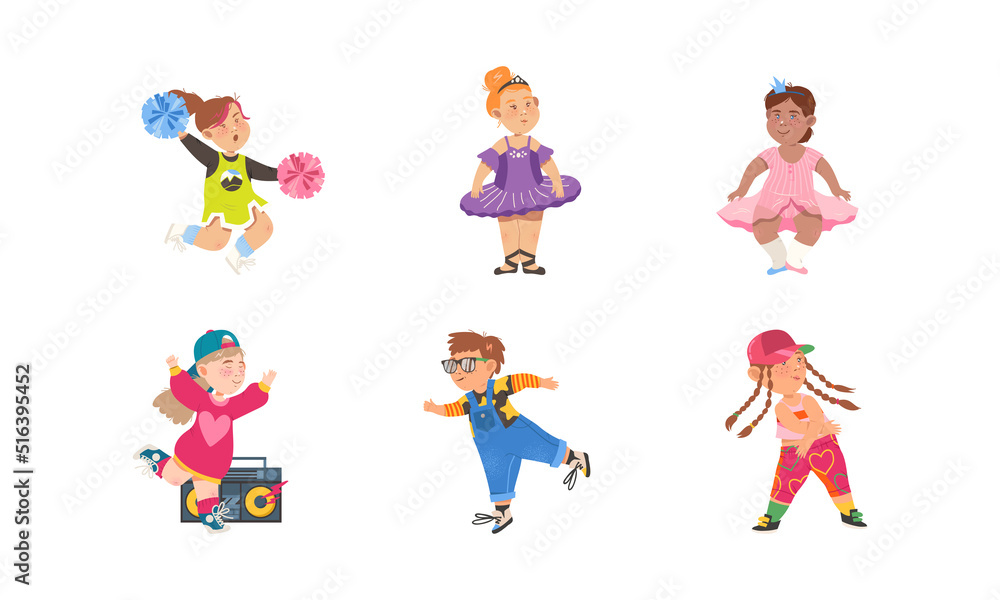 Funny Boy and Girl Dancing and Moving to Music Vector Illustration Set