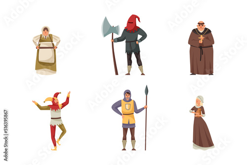 Middle Ages Character with Jester, Countrywoman and Priest Vector Illustration Set