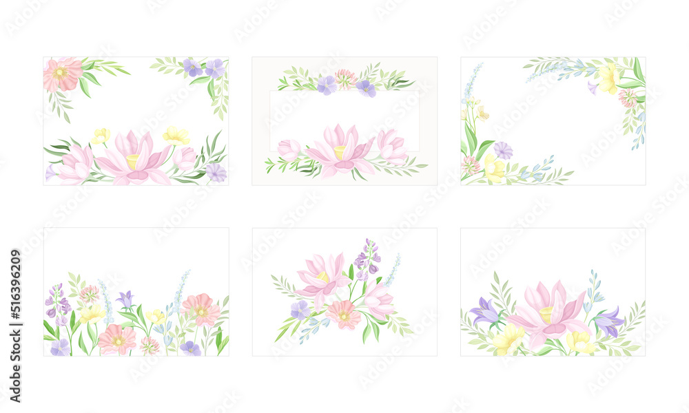 Flower Frame with Tender Buds and Blooming Twig with Floral Blossom Vector Set Flower Frame with Tender Buds and Blooming Twig with Floral Blossom Vector Set