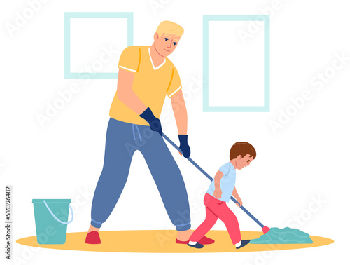 Father and son washing floor together. Spring cleaning concept