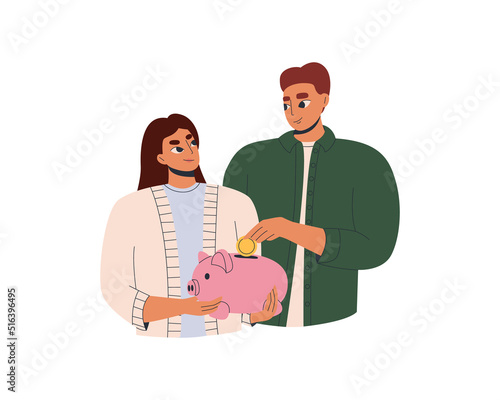 Happy family is holding a piggy bank of wealth management. Сommon budget planning, parents savings funds, family banking and investment. Finance and savings concept. Flat illustration.