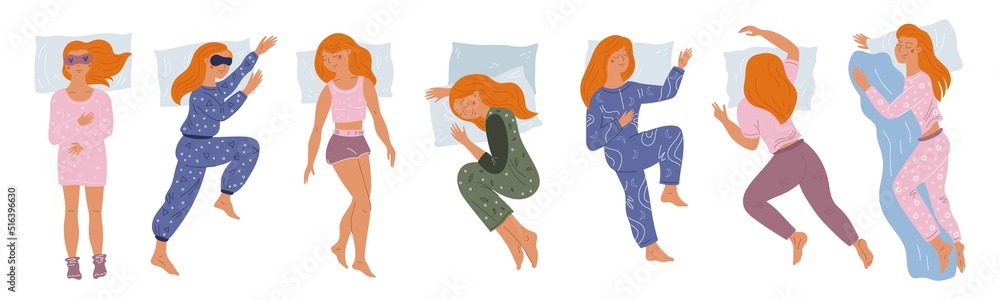 Girl Sleep Positions Sleeping Woman In Pajamas Different Poses Pretty Lady Dreams Pillows 7449