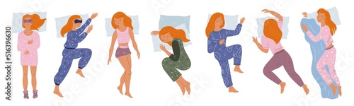 Girl sleep positions. Sleeping woman in pajamas. Different poses. Pretty lady dreams. Pillows and blanket. Slumbering female top view. Night rest. Person lying in bed. Garish vector set