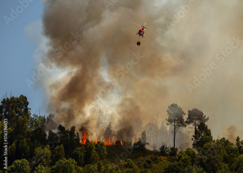 Firefighter Helicopter fighting against a Forest Fire during Day in Povoa de Lanhoso, Portugal.