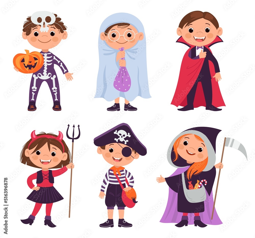 Halloween kids. Costumed horror party. Boys and girls dressed scary monsters. Young characters in festive clothes. Traditional holiday celebration. Vector children carnival outfits set