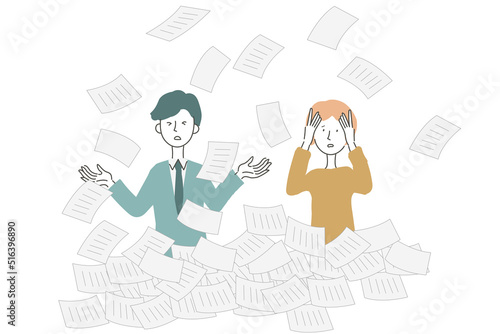 書類の山に埋もれる男性と女性　ビジネスイメージ
イラスト