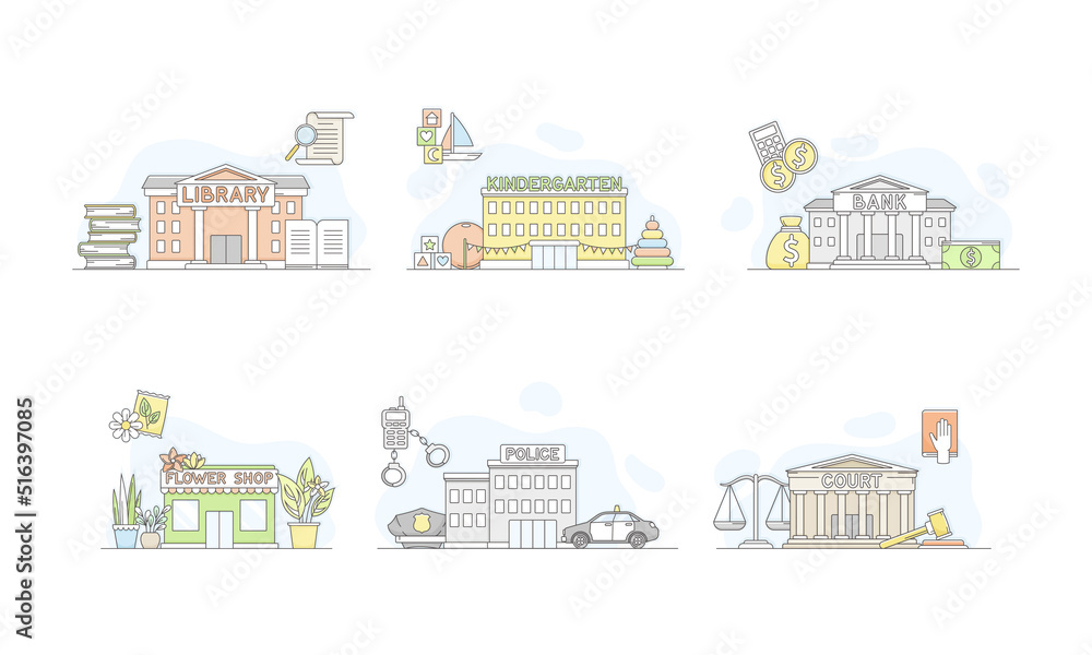 Municipal Services or City Services for Citizens with Library and Bank Department Vector Set