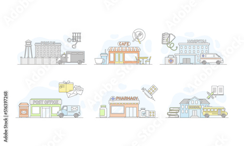 Municipal Services or City Services for Citizens with Prison and Hospital Vector Set