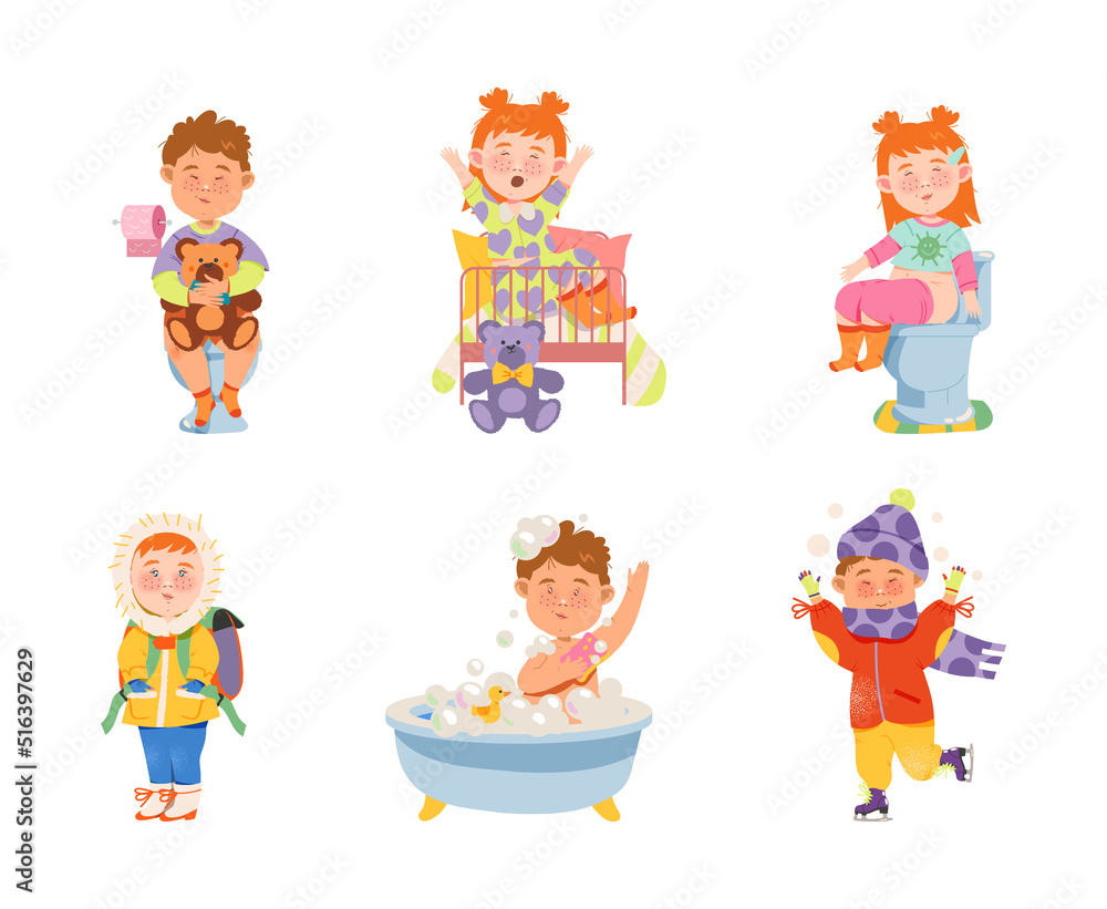 Daily Routine of Little Boy and Girl Character with Bathing, Getting Up