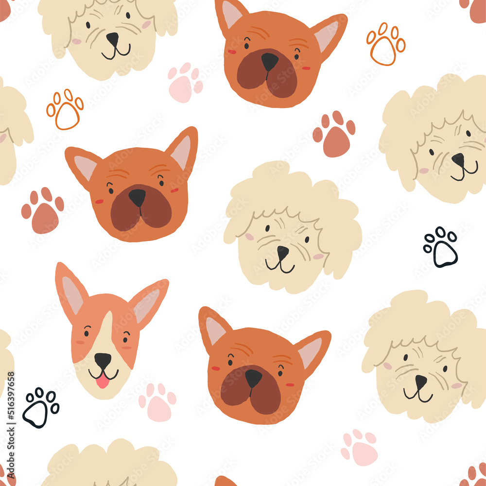 Obraz premium Vector seamless pattern with cute dog faces, paws on white background. Domestic dogs pattern design.