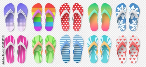Realistic colorful flip flops model. 3D rubber shoes. Patterned bright sandals top view. Beach summer footwear. Bathroom feet accessories. Casual clothing. Vector isolated slippers set photo