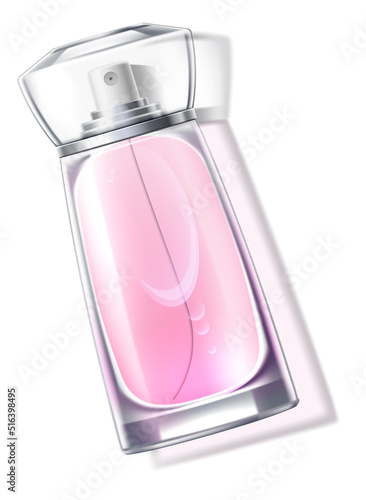 Realistic perfume glass bottle with pink aroma liquid