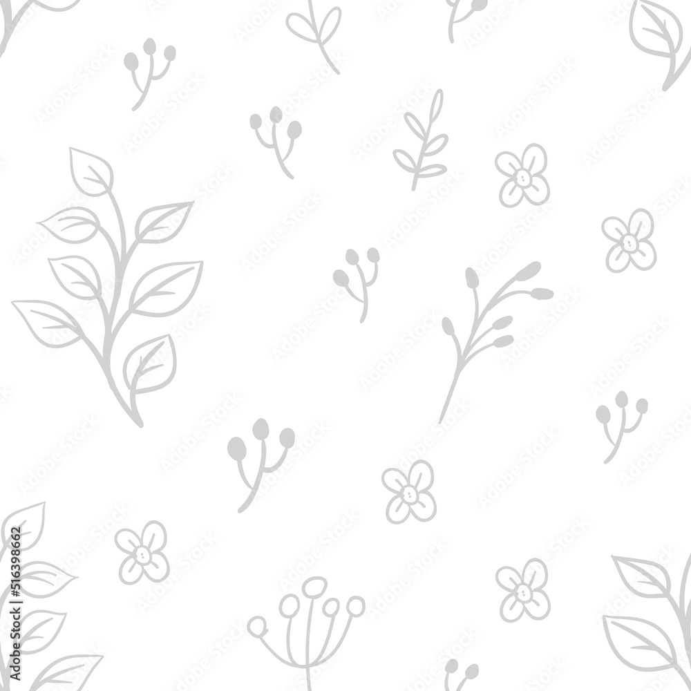 Leaves and flowers seamless pattern. Doodle nature elements background texture. Botanical design. Leaves and flowers seamless pattern. Doodle nature elements background texture. Botanical design.