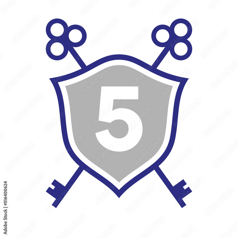 Letter 5 Real Estate Logo Design Concept with Crossed Key Sign. Key Real Estate Logotype on Shield Symbol Letter 5 Real Estate Logo Design Concept with Crossed Key Sign. Key Real Estate Logotype on Shield Symbol