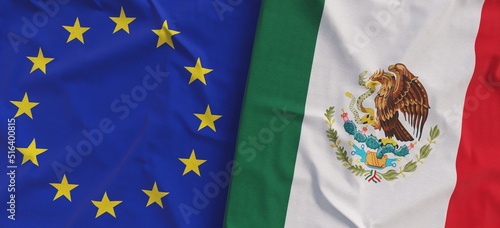 Flags of EU and Mexico. Linen flags close-up. Flag made of canvas. Flag of European Union. Mexican. State national symbols. 3d illustration.