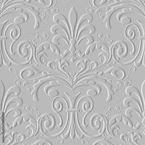Floral emboss 3d seamless pattern. Embossed vintage white background. Textured repeat backdrop. Surface Baroque Damask ornament. Relief 3d vintage flowers  leaves. Grunge embossing endless texture