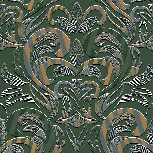 Floral emboss striped 3d seamless pattern. Embossed green background. Textured repeat backdrop. Surface Baroque Damask ornament. Relief 3d vintage flowers, leaves, stripes. Grunge embossing texture