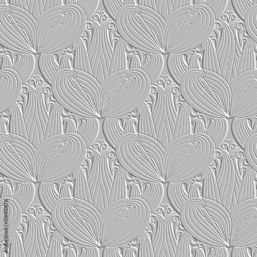 Textured floral line art 3d seamless pattern. Ornamental relief lines background. Repeat embossed floral white backdrop. Surface abstract swirl lines flowers, leaves. 3d hand drawn beautiful ornament