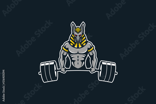 mascot logo Anubis fitness with barbell