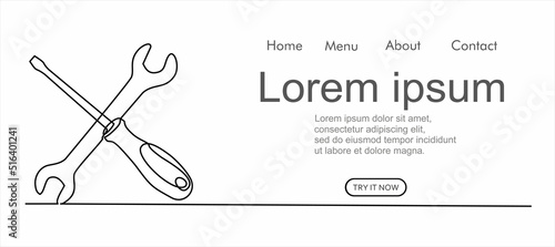 Single continuous line of screwdriver and wrench. Computer service technology support design element one sketch outline drawing vector illustration