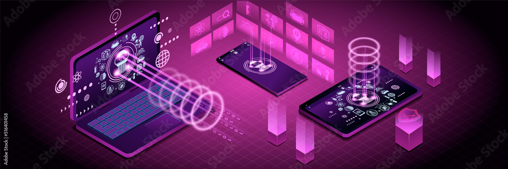 Fototapeta premium Banner of Realistic Device mock up and Metaverse icons.It's metaverse data concept