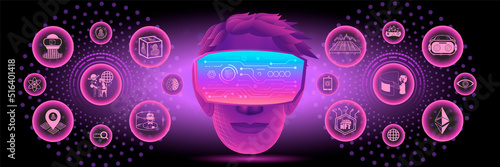 Banner of Metaverse Technology concept. A head use VR virtual reality goggle and metaverse icons