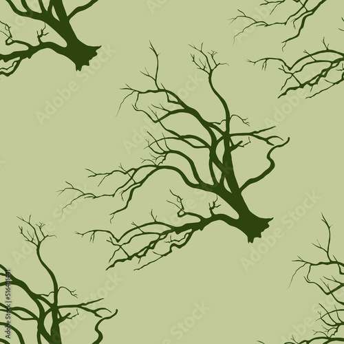 Green vector silhouette of skeletal branches of a willow deciduous tree. An old tree with a thick trunk at the base, very branchy, isolated on a light olive background. Seamless pattern.