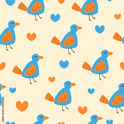 Vector Cute Pattern with Colorful Cartoon Funny Birds and Hearts on a Beige Background. Print for children  wrapping paper  wallpaper