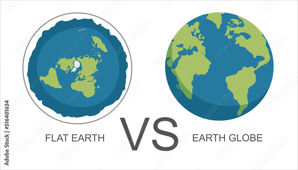 Flat earth . Ancient belief in plane globe in form of disk. flat earth vs earth globe. Vector illustration Flat earth . Ancient belief in plane globe in form of disk. flat earth vs earth globe. Vector illustration