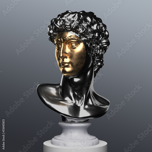 Abstract illustration from 3D rendering of a silver shining metal bust of male classical sculpture with golden face cutout on a pedestal and isolated on gray background.