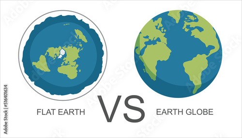 Flat earth . Ancient belief in plane globe in form of disk. flat earth vs earth globe. Vector illustration