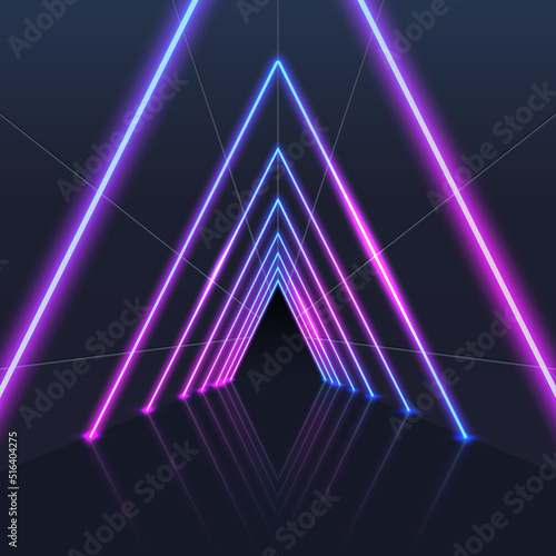 Glowing neon triangles direction in perspective. Glowing vector futuristic lighting. Pink blue spectrum vibrant colors