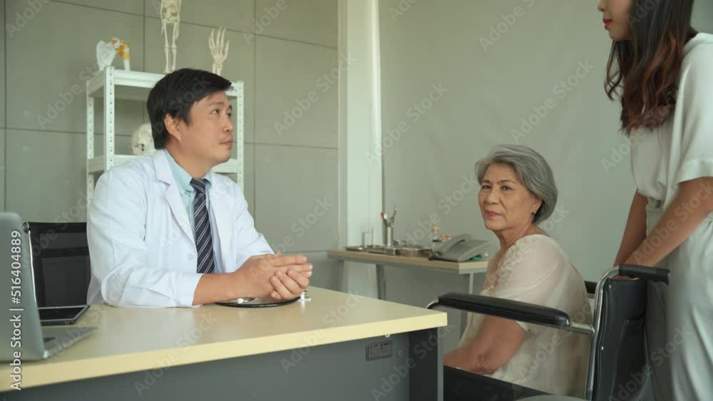 Male doctor is reporting better results. for elderly female patients in wheelchairs and her daughter in the hospital. Male doctor is reporting better results. for elderly female patients in wheelchairs and her daughter in the hospital.