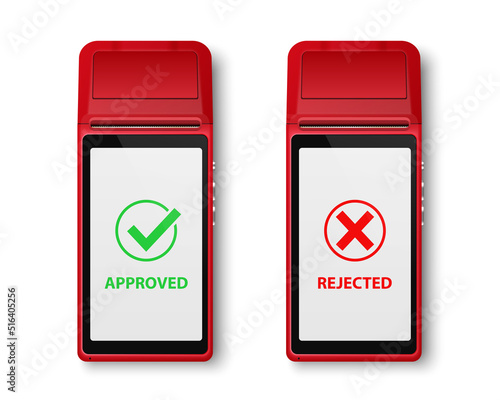 Vector 3d Red NFC Payment Machine Isolated. Approved, Rejected Transaction Status. Wi-fi, Wireless Payment. POS Terminal, Machine Design Template of Bank Payment Contactless Terminal, Mockup. Top VIew