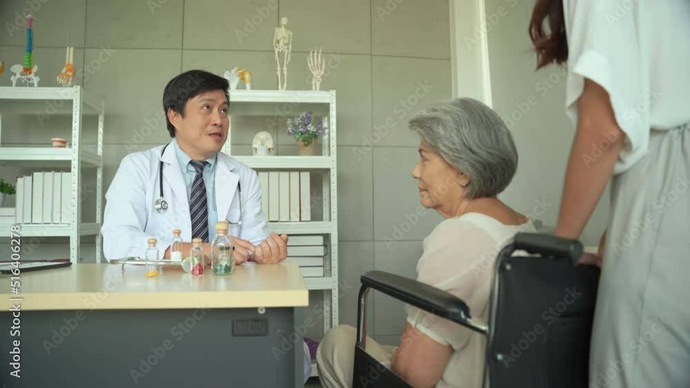Male doctor explains how to take medicine and guidelines to elderly female patient and daughter with humor in hospital. Male doctor explains how to take medicine and guidelines to elderly female patient and daughter with humor in hospital.