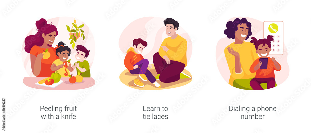 Self-care kindergarten exercise isolated cartoon vector illustration set