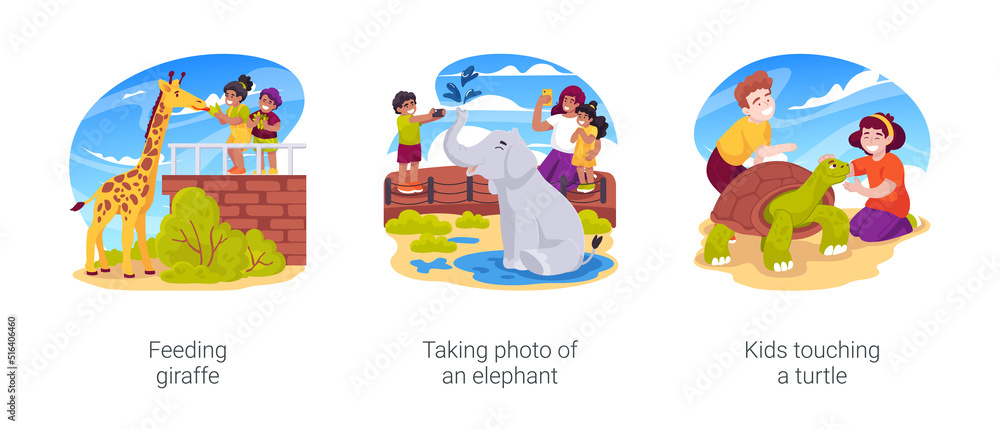 Family zoo visit isolated cartoon vector illustration set