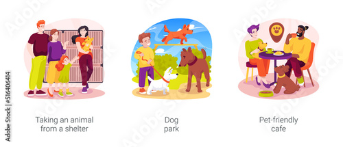 Life with a dog isolated cartoon vector illustration set
