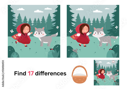Educational game for children. Find differences. The Little Red Riding Hood and gray wolf. Classical fairy tale. Puzzle for kids. Cartoon kawaii characters. Vector illustration.