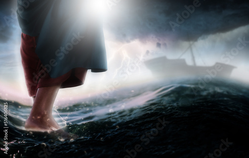 Papier peint Jesus walks on water across the sea towards a boat during a storm