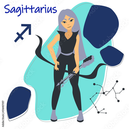 Sagittarius zodiac sign. Illustration with a girl with a constellation. Archer zodiac.