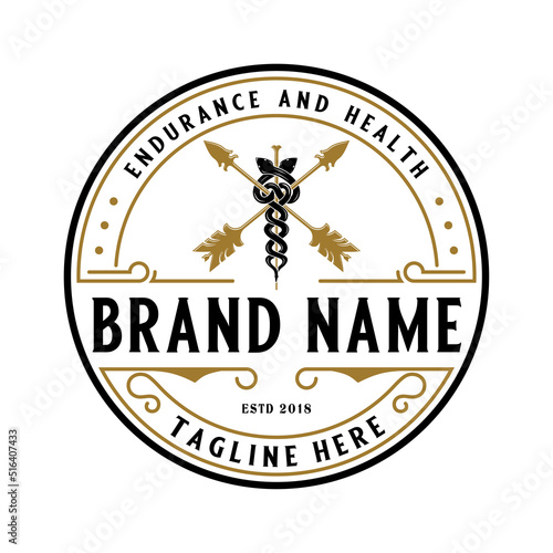 logo illustration of the caduceus coat of arms. the theme of two snakes entwined on the wand of asclepius, with two wings. medical symbol of healing and treatment doctor.