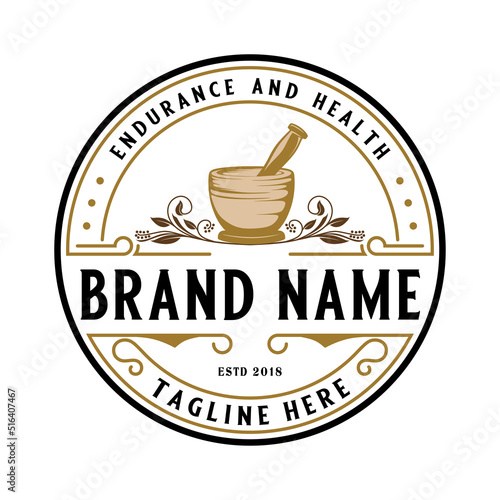 Vintage pharmacy logo. Illustration of mortar and pestle and herbal plant in emblem form, with leaf ornament and decoration for pharmacy, drug store and herbal medicine.