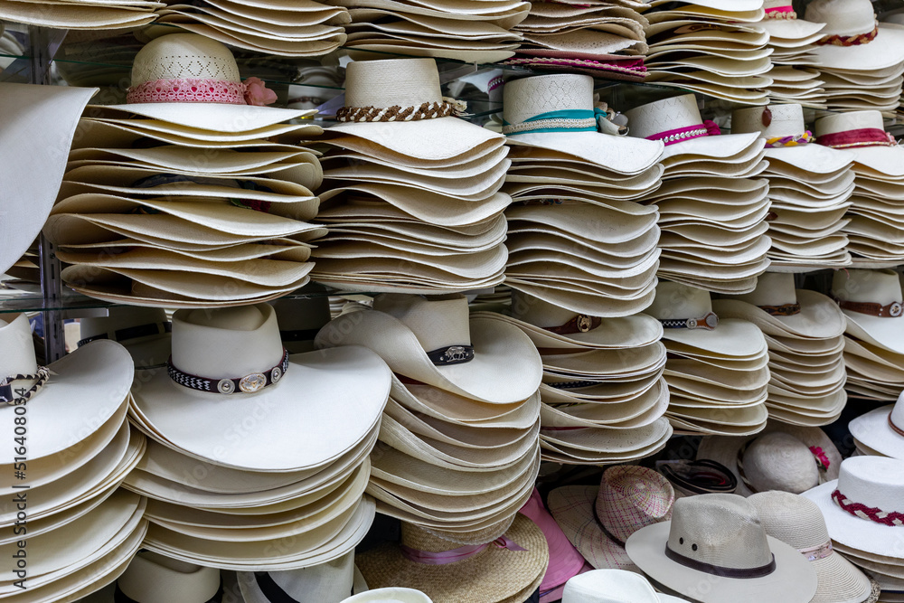 Traditional Arequipenan hats for sale at a stall in the San Camileo central market in Arequipa, Peru. South America. 