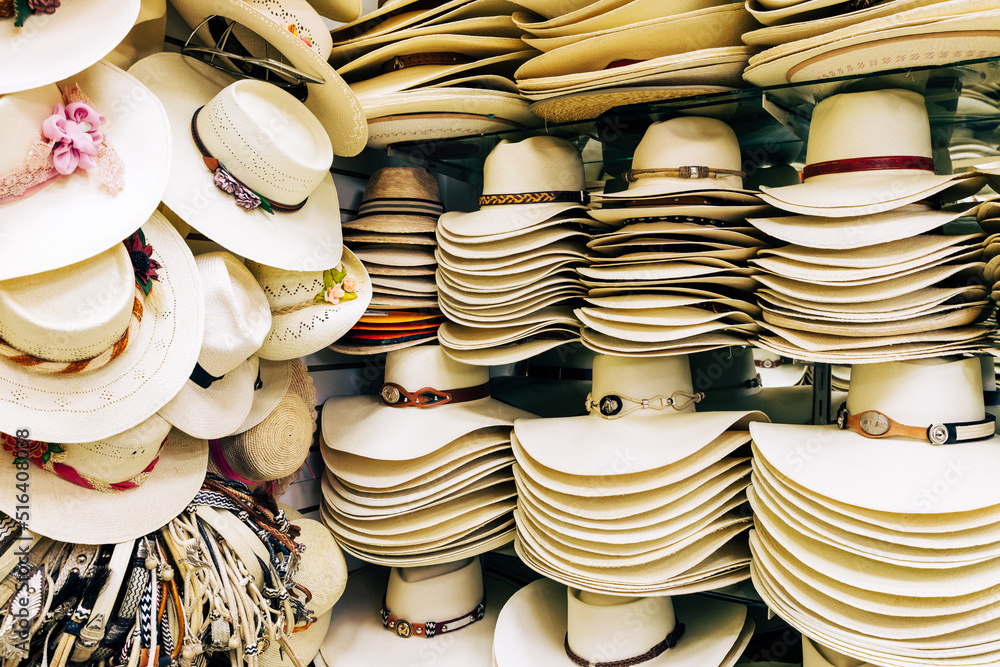Traditional Arequipenan hats for sale at a stall in the San Camileo central market in Arequipa, Peru. South America. 
